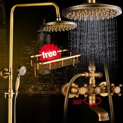 Antique Brass Shower Faucets Set 8'' Rainfall Shower Commodity Shelf Dual Handle Mixer Tap Swivel Tub Spout Bath Shower