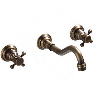 Antique Brass Basin Faucet Dual Cross Handles Retro Style Wall Mounted For Cold And Hot Water Tap Bathroom Faucet for Sink