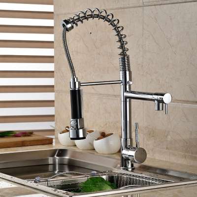 European Chrome Spring Pull Out Single Handle Dual Spouts Hot Cold Water Mixing Kitchen Faucet