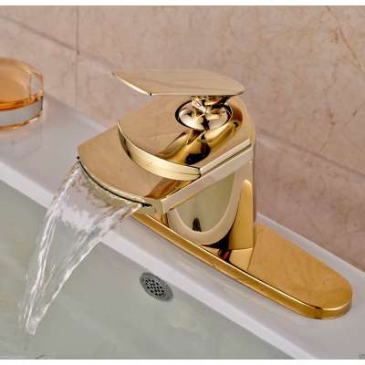 Deck Mounted Gold Finish Waterfall Spout Single Lever Bathroom Sink Faucet With 10"Cover Plate