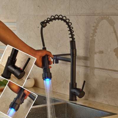 Black Oil Rubbed Bronze One Handle Spring Swivel Spray Pull Out Water Spout LED Kitchen Sink Faucet