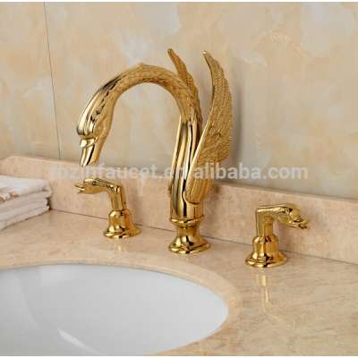 Luxury Bathroom Gold Brass Swan Sink Faucet Dual Handles Deck Mounted Mixer Taps