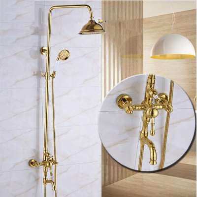 Bathroom Gold Polished Thermostatic Shower Faucet Set With 8" Shower Head Wall Mounted Mixer Tap